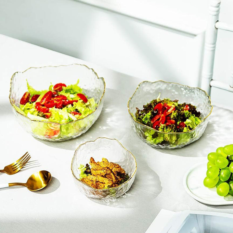 Glass Salad Bowls, Glacial Gold-Rimmed Glass Bowl for Home Decor Modern Mixing Bowls Nordic Style