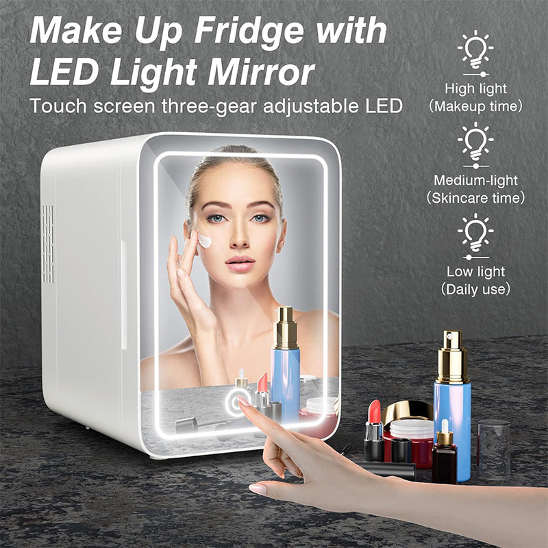 Skincare Fridge With Dimmable LED Light Mirror, 4L Mini Fridge For Desktop, Travel or Cool & Heat, Makeup Fridge for Cosmetics, Skin Care and Food