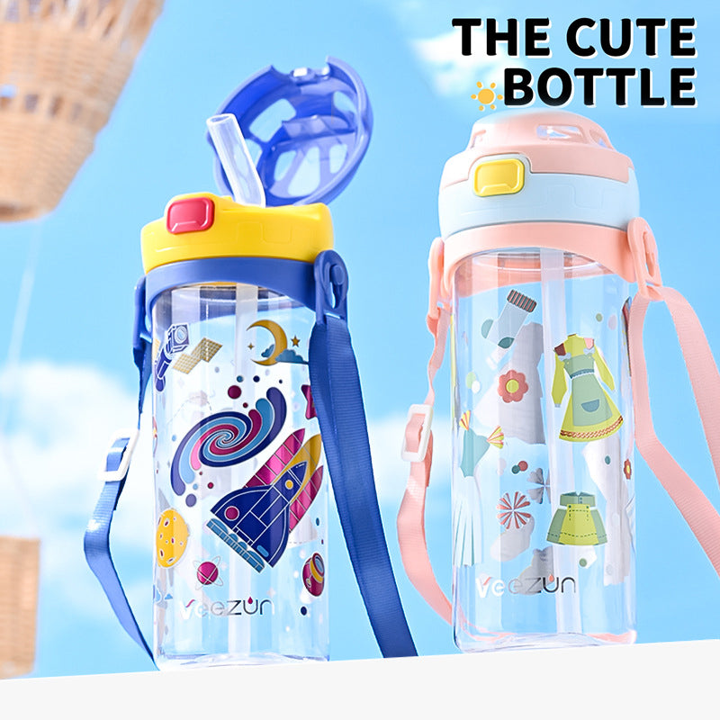 Kids Water Bottles with Straw and Strap Drinking Bottle, Portable Leakproof Water Jug for School