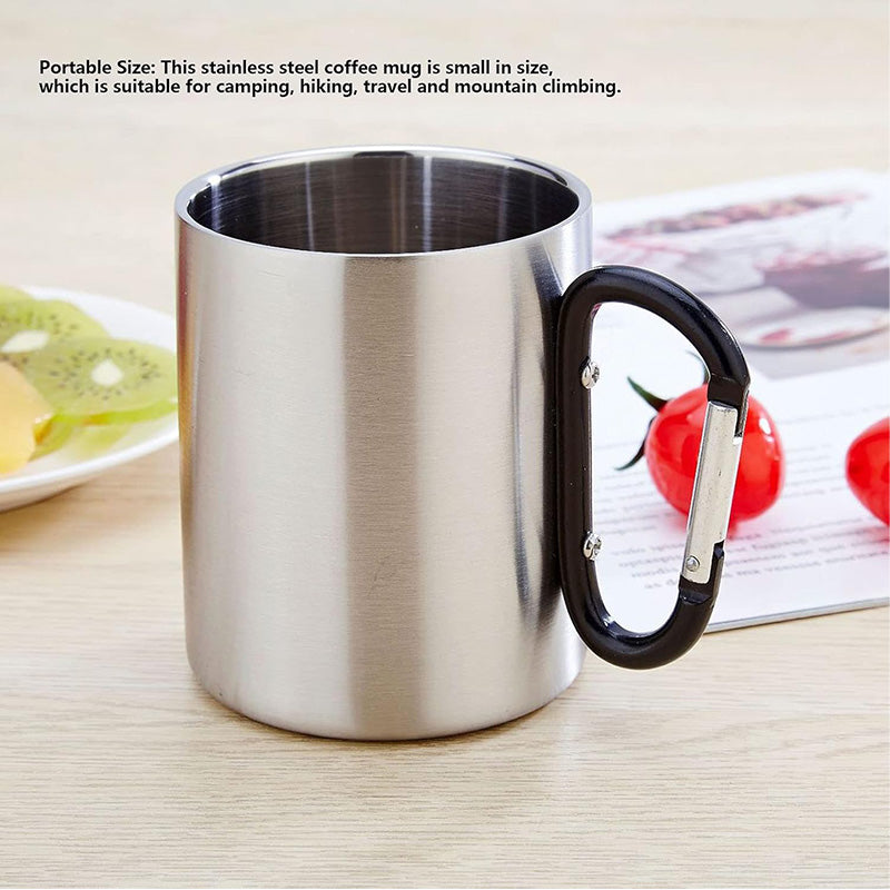 Stainless Steel Double Walled Mug with Carabiner Handle - Portable Rockclimbing, Hiking, Backpacking or Camping Travel Cup 10 oz