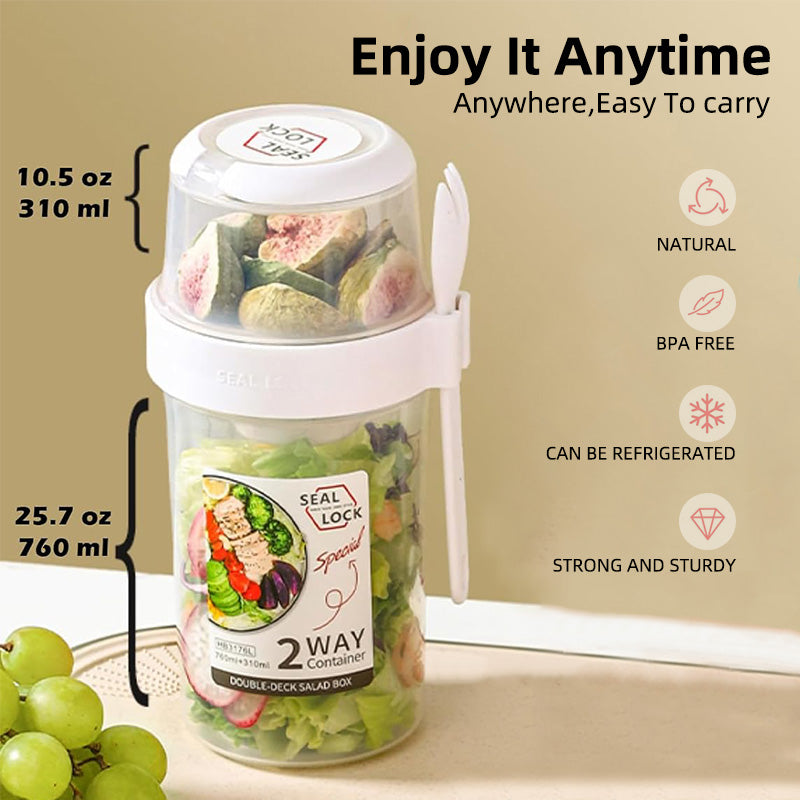 Breakfast On The Go Cups, Salad Cup To Go, Take And Go Yogurt Cereal Overnight Oats Snack Parfait Containers & Salad Dressing Holder With Fork For Lunch, Fruit & Vegetable Jar