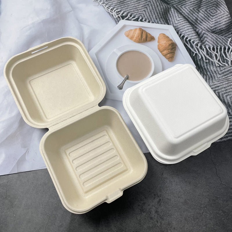 Compostable Take Out Food Containers, 6 x 6 Inches Disposable To-Go Food Containers, Eco Friendly Bagasse Bento Cake Box for Hamburger Sandwiches Chips