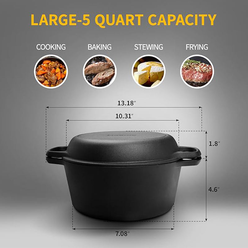 5QT Pre-Seasoned Cast Iron Dutch Oven Pot with Skillet Lid Cooking Pan