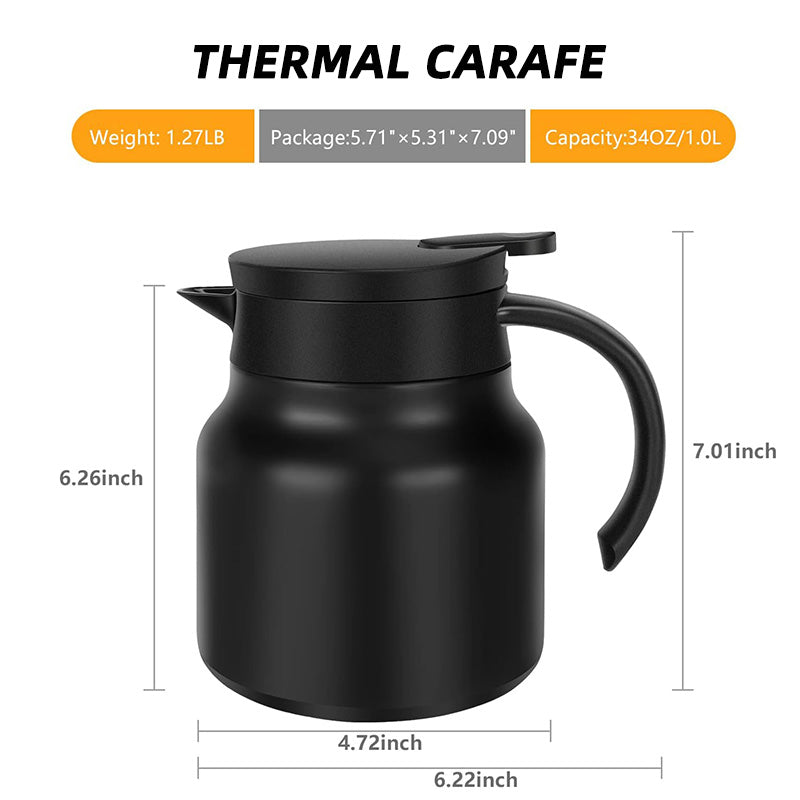 34Oz Thermal Coffee Carafe, Insulated Stainless Steel Coffee Carafes for Keeping Hot/Double Walled Vacuum Coffee Carafe