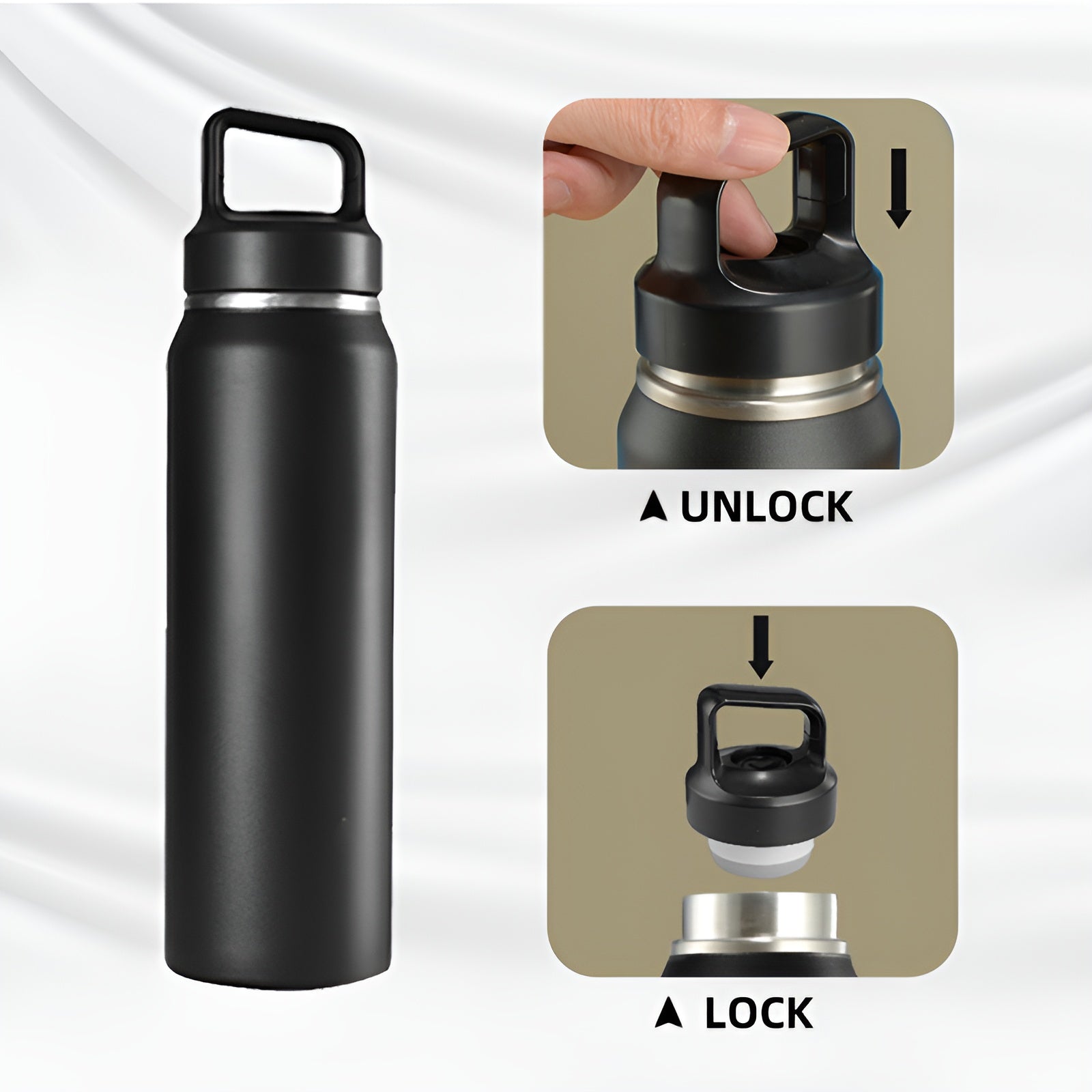 Threadless Vacuum Insulated Water Bottle Effortless One-Hand Operation, Twist-Free, No-Screw Design Hot Retention with Pressure Release Valve