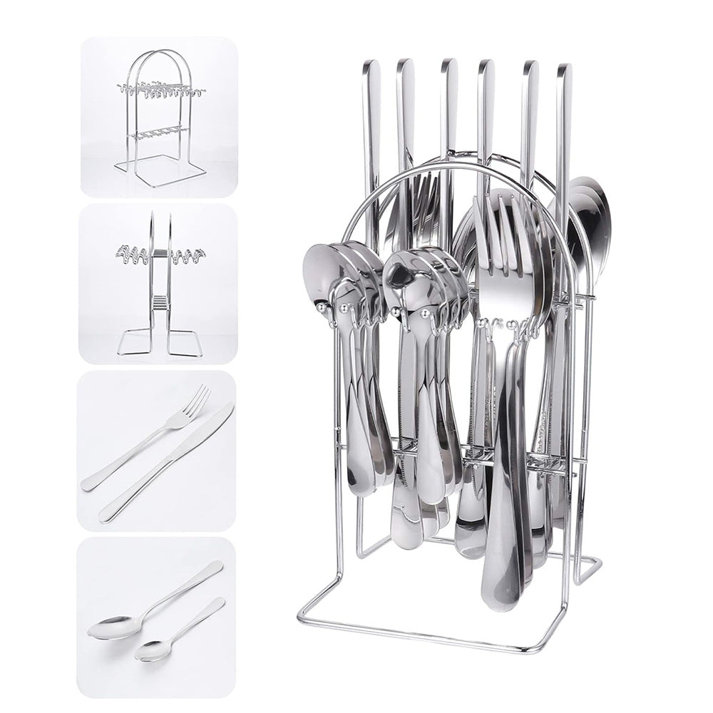 24 Piece Hanging Cutlery Set, Stand and Tray, Stainless Steel Knife, Fork and Spoon, Serves 6